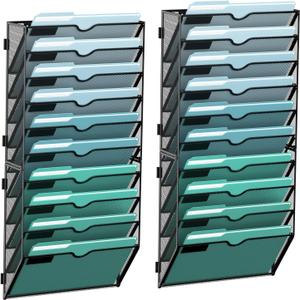 SUPEASY 10-Tier Wall File Organizer, Hanging Wall Files for Papers, Folders, Magazines, Wall Organizer for Clipboard, Assembly Needed, Black, 2 Pack