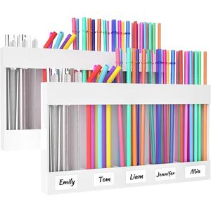 2 Pack 9.8” Large Straw Holder for Cabinet Door, Save Space Straw Organizer Storage, Acrylic Reusable Tumbler Straws Container Dispenser with Stickers– Easy Install with Double-Sided Tape(White)