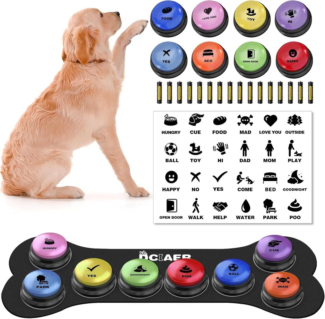 Dog Buttons for Communication,Talking Buttons for Dogs,8 Recordable Sound Buttons + 24 Scene Patterns + 1 Dog Button Mat+ 16 AAA Batteries30 Seconds Dog Buttons for Pet Sound Training Toy