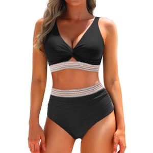 Yonique Women's Two Piece High Waisted Bikini Set Tummy Control Swimsuit Full Coverage Bathing Suit (Black, XL)
