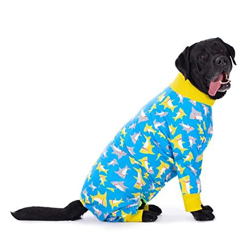 Dog Pajamas Jumpsuit for Medium Large Dogs,Lightweight Dog Pjs Clothes Apparel Onesies,Shirt for Large Size Dogs After Surgery, Full Belly (32 (Chest 32.28 in | Backlength 22.05 in), Yellow Shark)