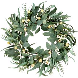 Sggvecsy Artificial Eucalyptus Wreath - 21 Inch Greenery Wreath with Green Leaves and Mixed White Berries for Spring/Summer Home Decor
