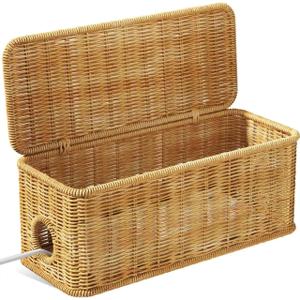 Cable Management Box,2 Open Slots Cord Organizer Hider Box with Lid,13.7" L*6.2" W Handwoven Imitation Rattan Cable Organizer Box for TV Wire Computer Router & Power Strip-A Style(Light Brown)
