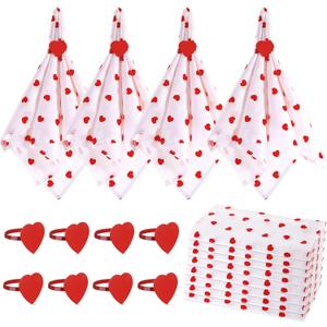 Patelai 8 Sets Valentine's Day Cloth Napkins with Red Heart Rings Set Reusable Cotton Fabric Love Cocktail Napkins Metal Heart Shape Rings Holders for Valentine's Day Wedding Dinner(Classic)
