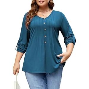 Beauhuty Plus Size Tops for Womens V Neck Tunic Pleated Front Trendy Shirts Casual Flowy Dressy Blouses Long Roll up Sleeves(02 Blue, 3XL)