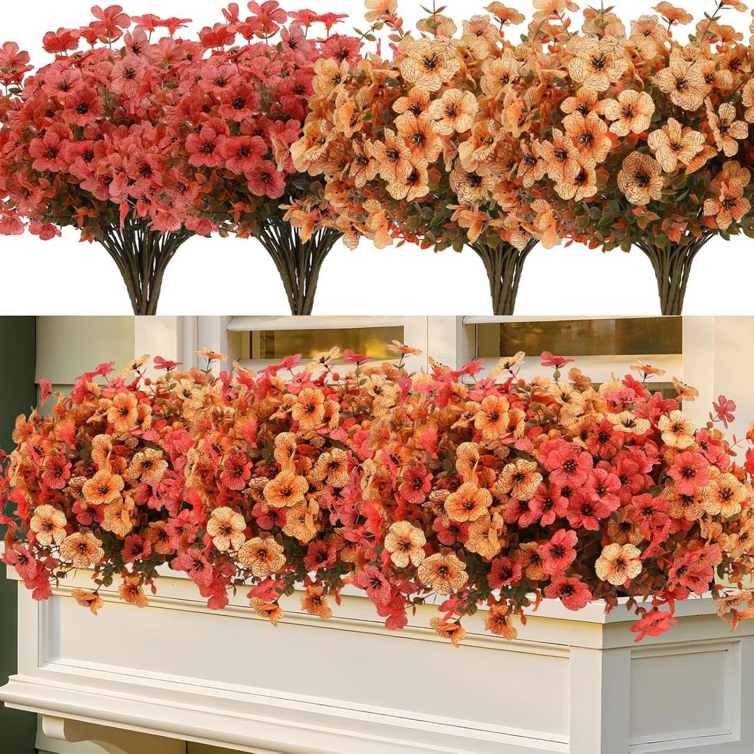 Fall Flowers Artificial Mums for Outdoors, 20 Bundles UV Resistant Silk Fake Daisy with Eucalyptus Leaves No Fade Greenery for Porch Patio Garden Front Door Fall Decoration(Orange and Yellow)