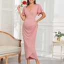 AISWI 2025 Womens Maternity Wrap Dress V Neck Ruffle Sleeves Semi Formal Baby Shower Photoshoot Party Cocktail Pregnancy (Pink, S)