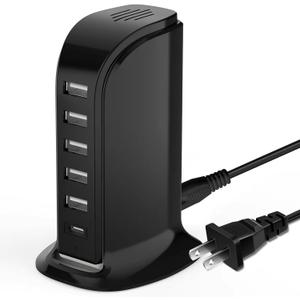 USB Charging Station for Multiple Devices, 5 USB Ports + 1 Type C Multiport Charger Tower, Compatible with Smartphones, Tablets and Other Devices (Black) (20W)