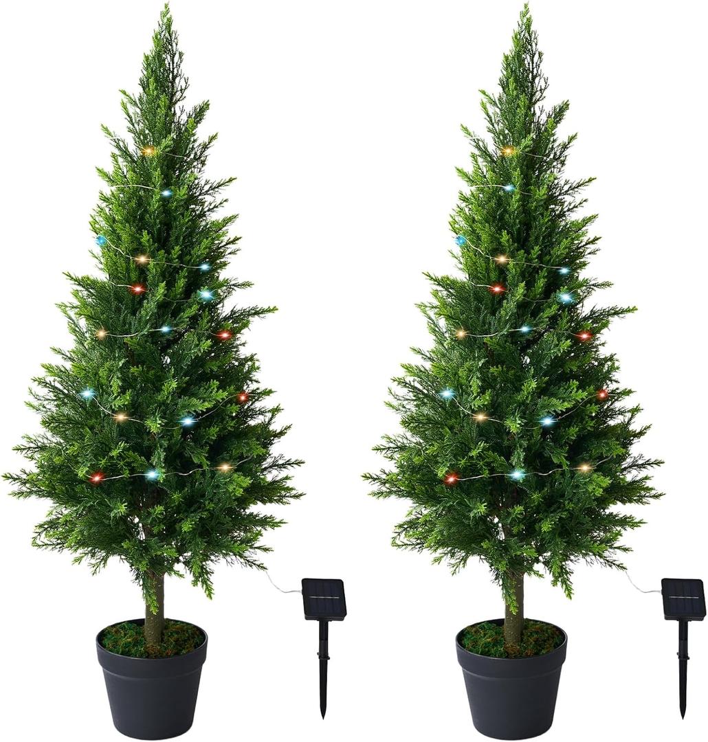 2 Packs of Fake Cypress Plants with Lights, 4FT Artificial Cedar Pruning Tree, with Flowerpot, UV Resistant Artificial shrubs, Suitable for Outdoor and Indoor Front Porch Gardens