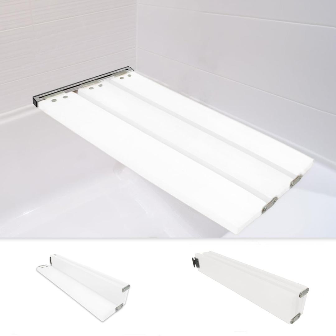 29" Tri-Fold Bathtub Shower Seat Bench- Wall Mounted Wooden Folding Bathtub Shower Bench with Waterproof Finish & Heavy-Duty Stainless Steel Bracket (White)