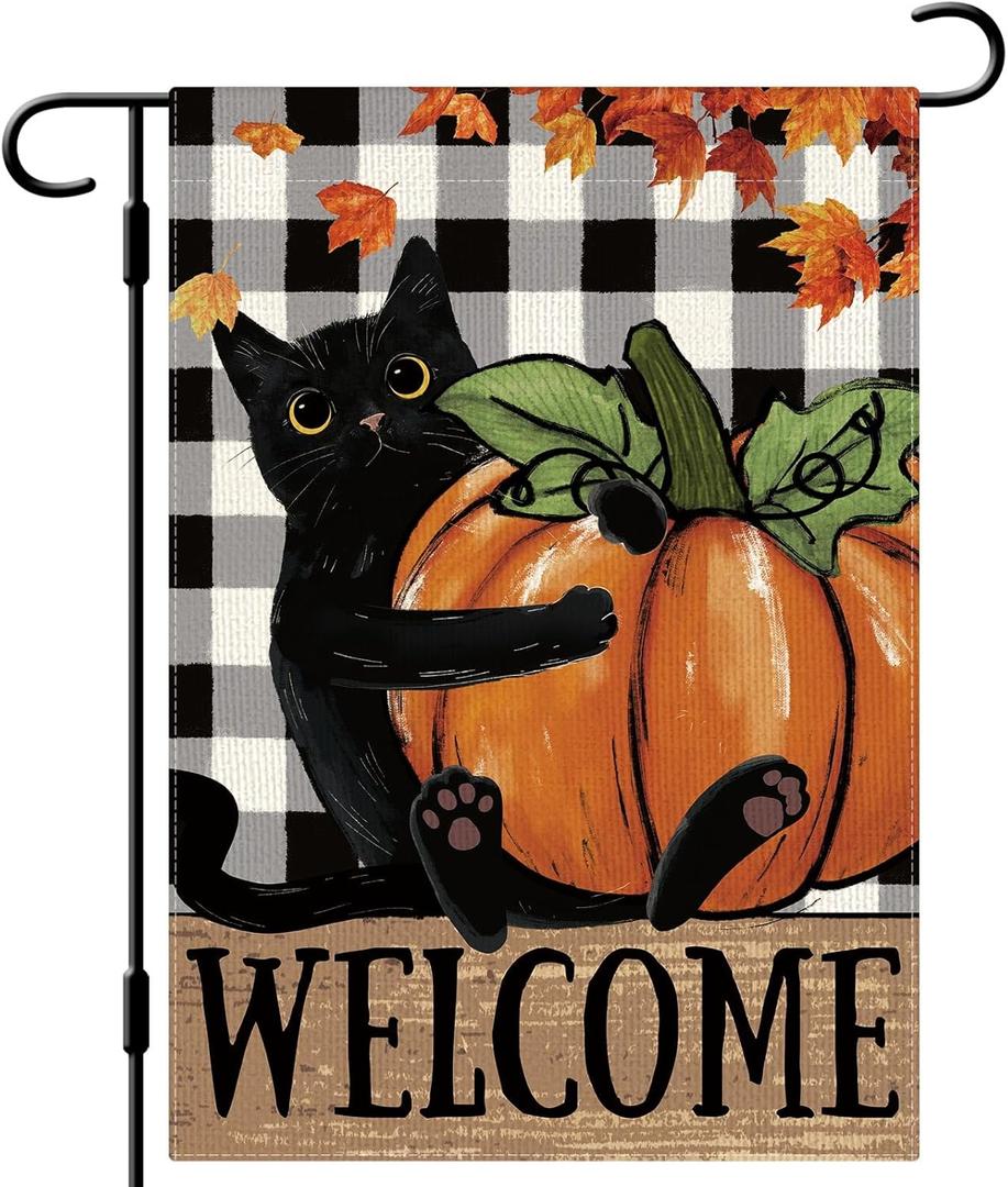 DLZDN Welcome Fall Cat Garden Flag Black Cat Pumpkins Flag 1218 Inch Double Side Buffalo Plaid Farmhouse Yard Sign Autumn Seasonal Outdoor House Decoration