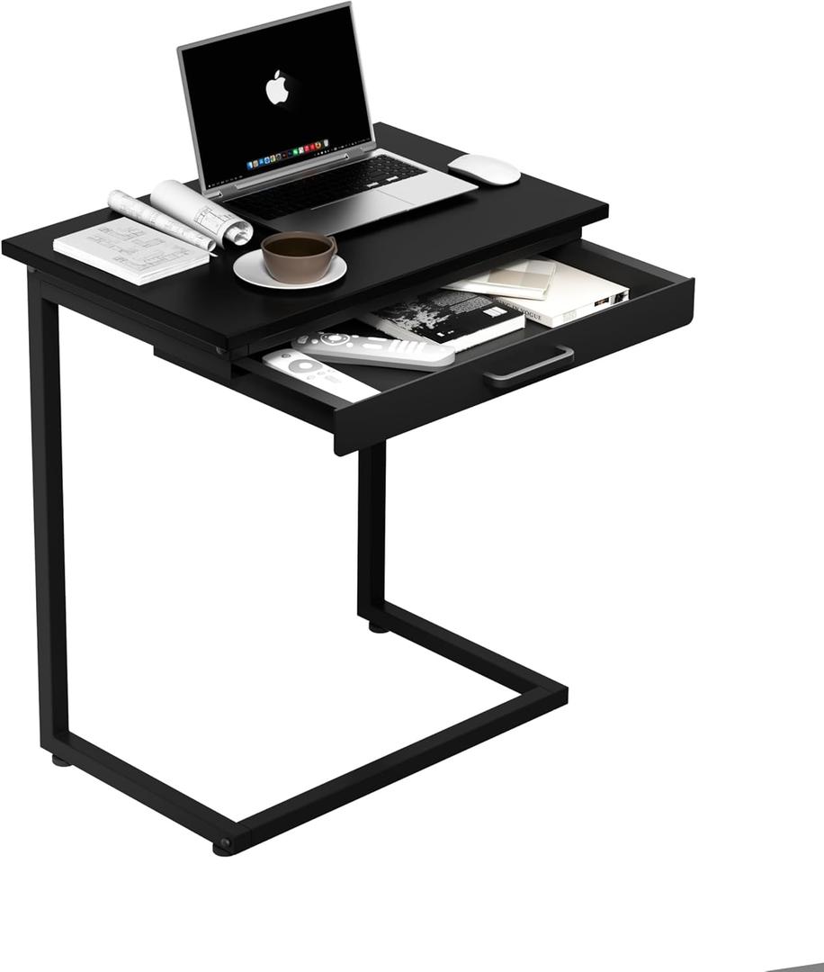 C Shaped End Table, Small Couch Side Table with Drawer, for Living Room, Bedroom, Magazines, Computers, Coffee, Small Objects Storage, Black