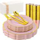 175 PCS Pink Plastic Plates for 25 Guests, Pink and Gold Disposable Dinnerware Set for Party Wedding Include 25 Dinner & 25 Dessert Plates, Spoons, Forks, Knives, Cups, 25 Napkins