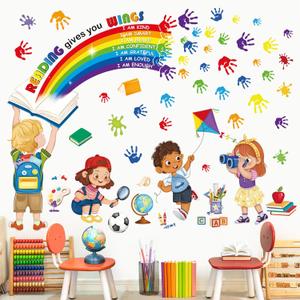 decalmile Rainbow Reading Corner Wall Decals Handprint Educational Quotes Reading Gives You Wings Wall Stickers Kids Playroom School Library Classroom Wall Decor