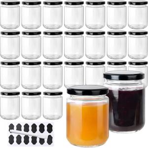 24Pack 8oz Glass Jars with Lids, 240ml Clear Small Mason Jars with 24 Stickers, Reusable Canning Jar for Jam, Jelly, Honey, Pickles, Spice