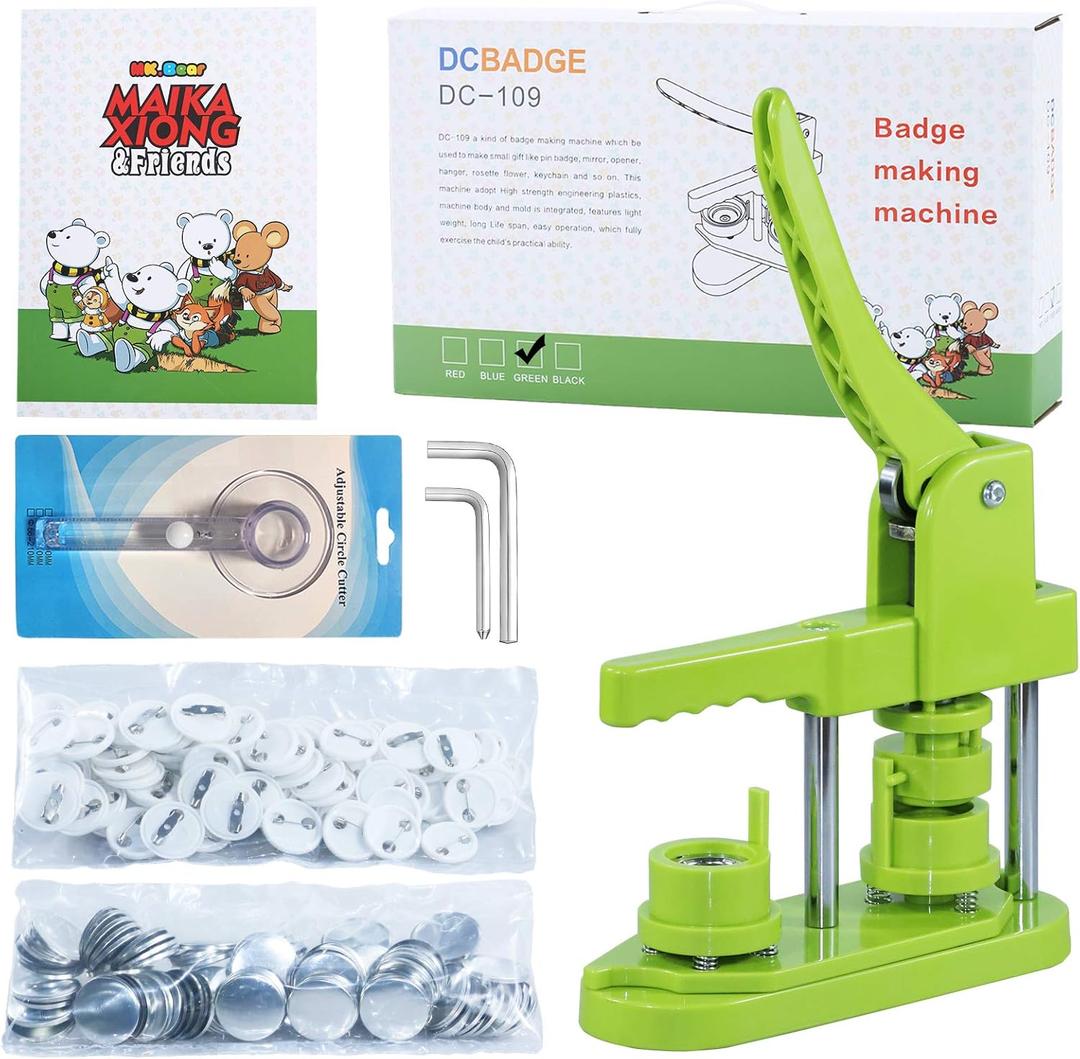 Button Maker Machine 25mm (1 in) DIY Gift, Installation-Free Pin Maker Machine, Pin Badge Button Press Machine with Free 500pcs Button Parts&100pcs Pictures&Circle Cutter&Magic Book(Green)