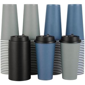 LITOPAK 100 Pack 20 oz Disposable Paper Coffee Cups with Lids for Coffee, Water, Juice, or Tea, Blue and Gray Hot Paper Cups for Home, Restaurant, Store, and Cafe