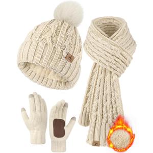 Winter Hat Scarf Gloves Set,Fleece Lined Pom Pom Beanie Hat Warm Knit Long Scarf Touchscreen Gloves Winter Gifts for Women (Beige)