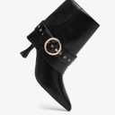 NEWBELLA Women's Pointed Toe Ankle Boots – High Heel Short Booties with Gold Buckle Strap, Slip-On Side Zipper Fashion Dress Boots for Fall Winter