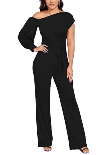 DeftSharp Women's Casual One-Shoulder Sleeve Crew Neck Slanted Shoulder Back Zip Belt Long Jumpsuit, Black, Small