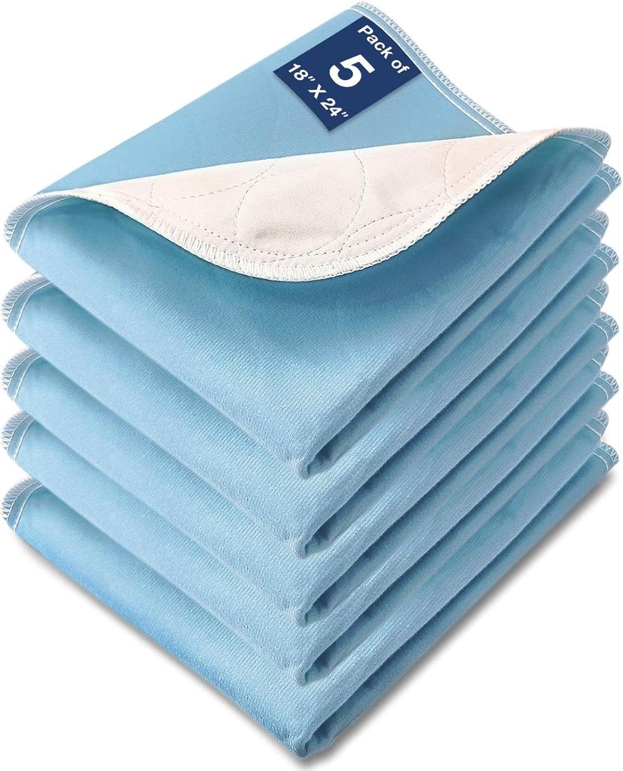 Washable Waterproof Underpads, 24" x 18" (5 Pack) Heavy Absorbency Reusable Incontinence Pads for Chair, Bassinet, Crib, Car Seat, Sofa, Wheelchair