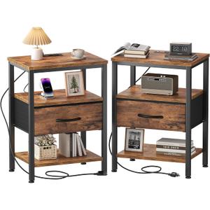 OLIXIS Nightstands Set of 2 with Charging Station, Bedside Tables with USB Ports and Fabric Drawer, Small Night Stand with Open Adjustable Shelf, Compact End Table for Bedroom, Rustic Brown