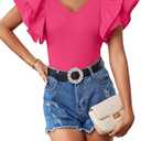 Vrtige Women's V Neck Ruffle Cap Sleeve Summer Blouse Top Shirt (Pink, S)