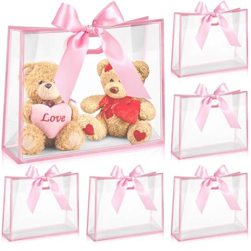 Aliceset 11 Pcs Clear Plastic Gift Bags with Die Cut Handles Reusable Gift Wrapping Bag with Ribbon for Wedding Valentine Bridal Shower Baby Shower, 12 x 10 x 5''(Pink)