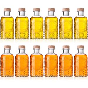 Teenyyou 12 Pcs Clear Glass Bottles 6.8oz/ 200ml Whiskey Glass Bottles Vintage with T Top Cap for Wine Beverage Drinks Oil Vinegar Kombucha Beer Soda with Cork Stopper(Vintage Oval)