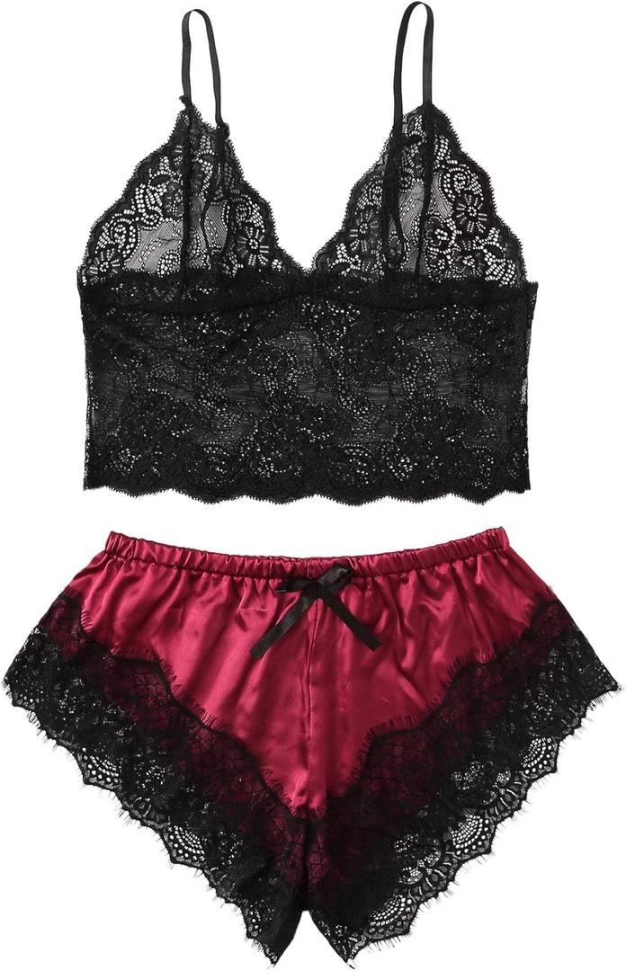 WDIRARA Women's 2 Piece Lingerie Floral Lace Cami Top with Satin Shorts Sleepwear Pajama Set (Black and Red)