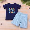 IMEKIS Toddler Kids Boys Back to School Outfit Top with Shorts Schoolbus Embroidered Kindergarten Clothes 4-5T (Blue)