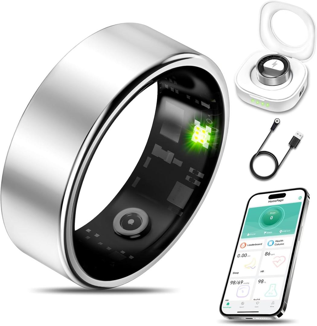 Smart Health Ring for Women Men Fitness Tracker with Heart Rate, Blood Oxygen, Blood Pressure, Sleep Monitoring, Step Counting, IP68 Waterproof for iPhone and Android, No Subscription Fee, (Silver, Size 10)