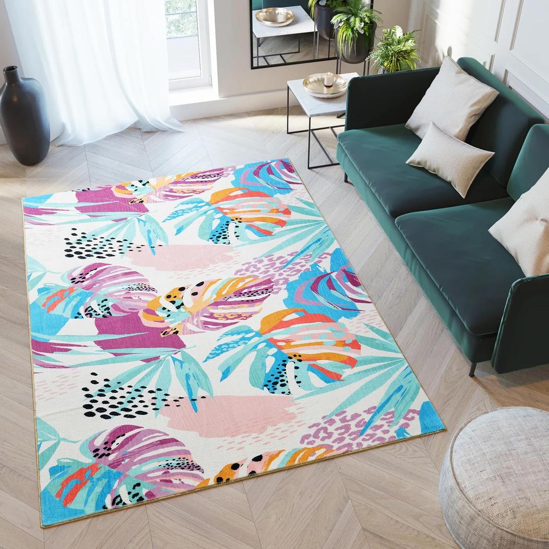 RoomTalks Tropical Leaves Washable Rug, Colorful Pink Blue Boho Cute Floral Aesthetic 4x6 Area Rugs for Bedroom Dorm Living Room Kitchen, Modern Abstract Art Palm Leaf Thin Indoor Entryway Carpet (Blue and Purple)