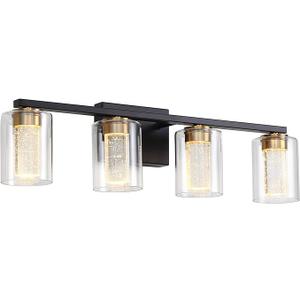 4-Light Black Bathroom Light Fixture, Dimmable 5CCT Black and Gold Bathroom Vanity Lights, 2700K-6500K Modern Crystal Bubble LED Wall Sconce Over Mirror with Clear Glass