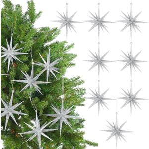 6 Inch Set of 8 Glitter Large Star Hanging Ornaments Christmas Tree Decorations Plastic Festive Embellishments Pendant, Shiny Holiday Decor (Silver)