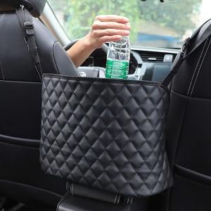Car Purse Holder - Durable Leather Seat Back Organizer, Front Seat Storage Barrier, Pet & Kids Driver Storage Netting Pouch (Black)
