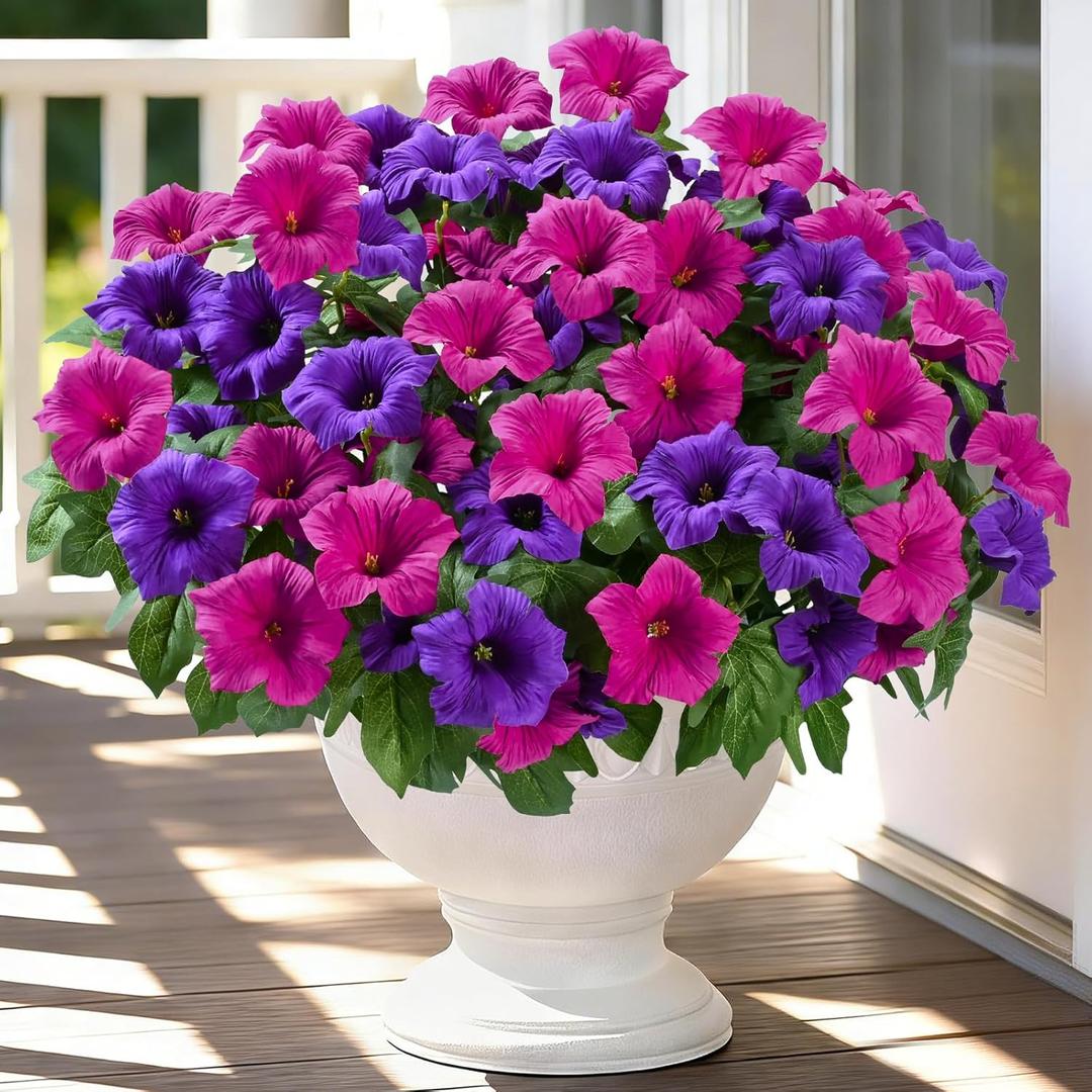 MARTINE MALL Artificial Flowers for Outdoors, 4 Bundles Realistic Fake Outdoor Flowers, UV Resistant Silk Petunia Flower for Outside Look Real Faux Flower Plant for Outdoor Porch Decor, Purple+Fuchsia