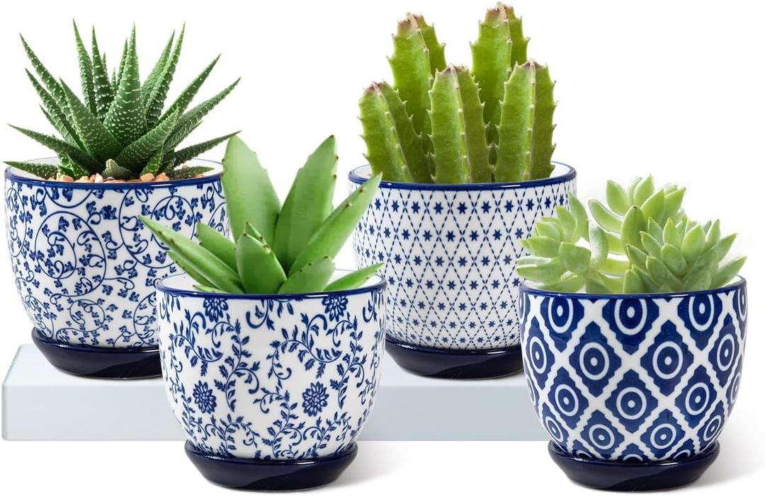 Ceramic Succulent Planter Pots - 3.5 Inch Small Flower Pot with Drainage Holes and Saucers for Indoor Plant, Cactus, Herbs, Outdoor Plants, Home Decor, Set of 4, Vintage Blue