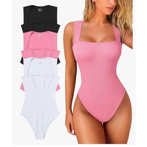 OQQ Women's 3 Piece Bodysuits Sexy Ribbed Strappy Square Neck Sleeveless Tummy Control Tank Tops Bodysuits M