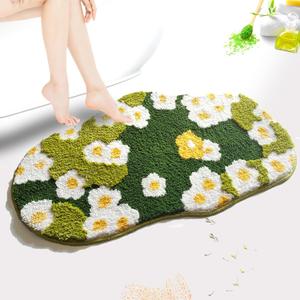 Moss Floral Bath Mat, Cute Plant Toilet Rug, Summer Flower Bathroom Rugs, Green Aesthetic Shag Decor Rug, Soft Absorbent Non Slip Bathroom Mat for Wash Sink Bathtub Shower, 24"16"