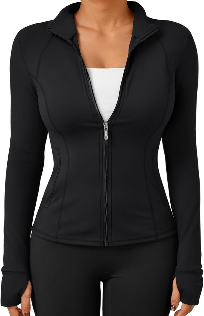 Trendy Queen Womens Lightweight Zip Up Jackets 2026 Athletic Workout Hoodies Spring Shirt Fitted Gym Clothes with Pocket (Black, L)