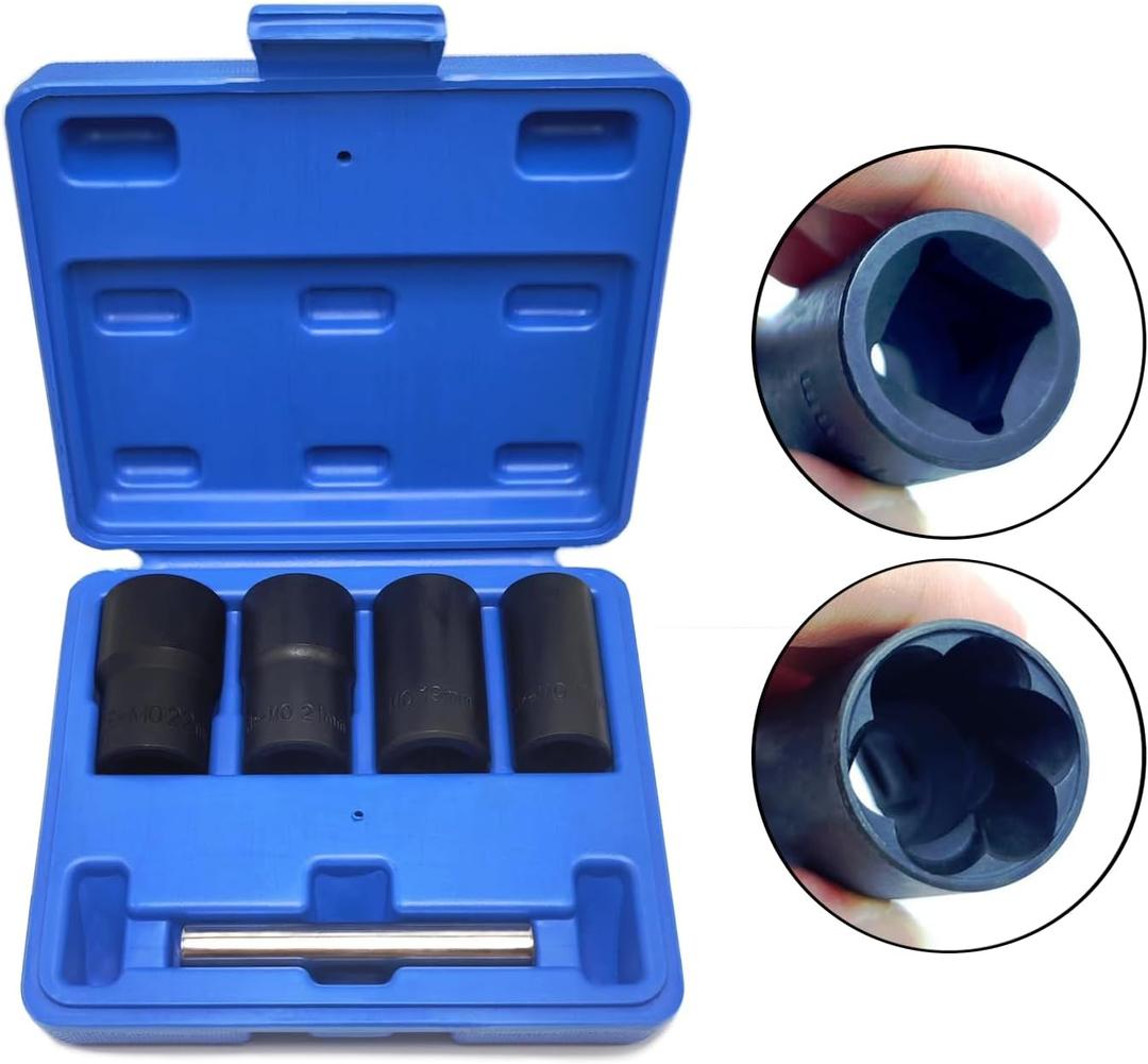 5PCS Twist Lug Nut Socket Set - 1/2 inch Drive Damaged Nut Lock Remover Extractor - Rusted & Strip & Stripped & Stuck Locking Nut Removal Tool Kit with 17mm 19mm 21mm 22mm Sockets