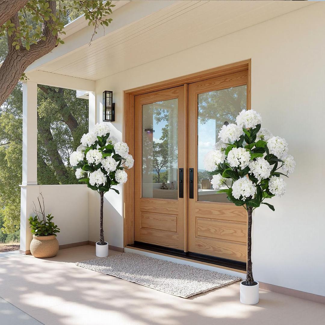 YEPDIN Set of 2 Artificial Hydrangea Tree 5 ft- Large Faux Hydrangea Plants Indoor Outdoor Fake Flower Trees with White Tall Planter for Home Garden, Front Decor