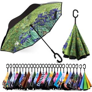 SIEPASA 49/56 Inch Inverted Reverse Upside Down Umbrella, Extra Large Double Canopy Vented Windproof Waterproof Stick Golf Umbrellas with C-shape Handle. (Irises)