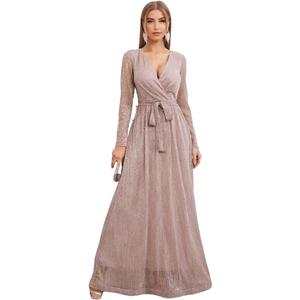 Women's V-Neck Mesh Elegant Long Sleeve Dress, Medium