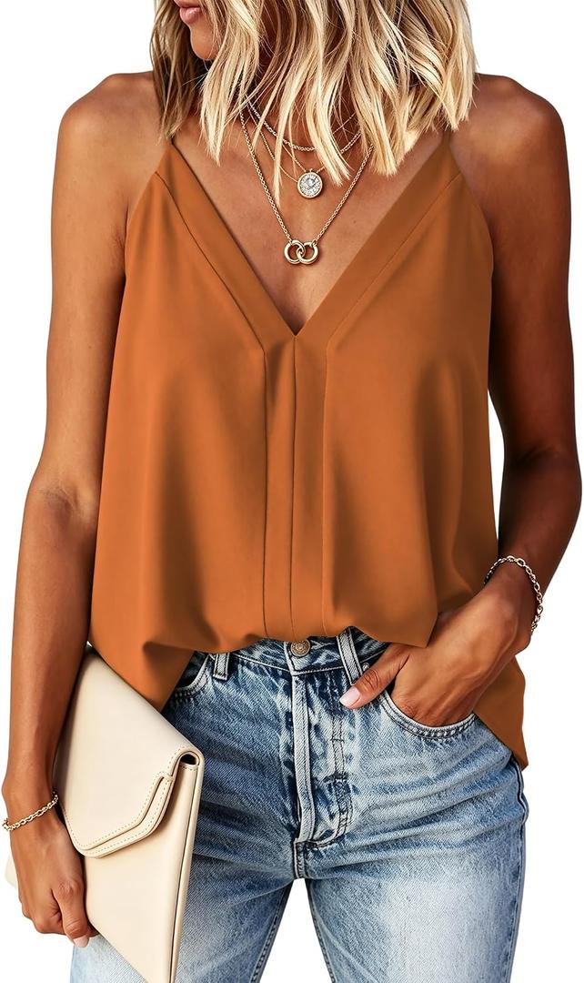 Women's V Neck Tank Tops Sleeveless Loose Shirts Orange (L)