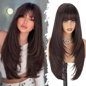 XIXIBI Brown Wig with Bangs for Women,4x4 Realistic Scalp,Free Parting,Long Layered Wigs Realistic Synthetic Fiber Heat Resistant Dark Brown Natural Looking Wig for Daily Party Cosplay Use 26 Inch