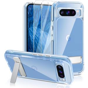 for Google Pixel 9/ Pixel 9 Pro Case, with Metal Kickstand + 2 Pack Screen Protector, Anti-Scratch, [Anti-Yellow] [Military Grade Shockproof], Hard PC Back Case for Pixel 9/ Pixel 9 Pro
