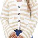 Saodimallsu Womens Striped Cardigan Sweaters Cropped Fall Button Open Front Long Sleeve Knit Sweater Coat with Pockets XXL