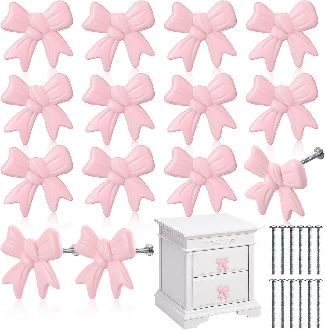 Pink Bow Drawer Knobs Matel Bow Knobs for Dresser Coquette Room Decor Vintage Dresser Handles Cabinet Drawer Pulls for Home Bedroom Kitchen Hardware Cupboard(12 Pcs,Pink,Fashion Style)